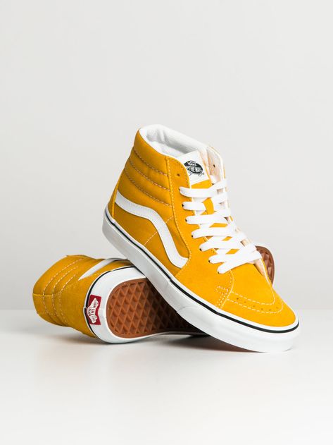 The women's yellow SK8 Hi Sneaker from Vans The Sk8-Hi was introduced in 1978 as Style 38, and showcased the now-iconic Vans Sidestripe on a new, innovative high top silhouette. As only the second model featuring the recognizable marker formerly known as the "jazz stripe," the Sk8-Hi brought a whole new look to the Vans family. Honoring that first legendary high top, the Sk8-Hi features: -Sturdy suede and canvas uppers -Reinforced toe caps -Supportive padded collars -Signature rubber waffle outsoles Yellow Vans Shoes, Yellow Vans Outfit, Aphmau Outfits, Mustard Yellow Vans, Hi Top Vans, Birthday Shoes, Vans Yellow, Yellow Vans, Trainers Girls