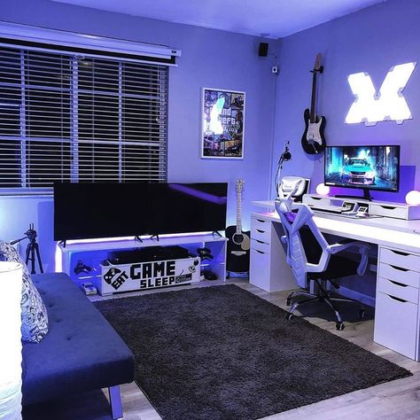 Rockstar 🤘 What's your favourite thing about this setup? 🤔 🖥 Setup Inspiration, Boys Game Room, Gamer Bedroom, Small Game Rooms, Computer Gaming Room, Gamer Room Decor, Video Game Room Design, Boy Bedroom Design, Video Game Rooms