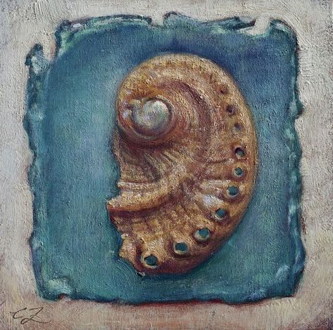 Caroline Zimmermann Abalone 1 Oil on Board 6 x 6 in Inquire for Price "The waves at Jeffreys Bay in South Africa are huge and machine-like in their terrifying beauty. In the winter of 1994, I saw hundreds and thousands of gorgeous Abalone shells that had washed up on the shore after a tremendous Antarctic swell. This painting depicts a delicate little shell survived that pounding surf...and somehow, so did I." ~ Caroline Zimmermann Jeffreys Bay, Shell Painting, Hundreds And Thousands, Painted Shells, Abalone Shell, On Board, Stuff To Do, Oil On Canvas, Shells