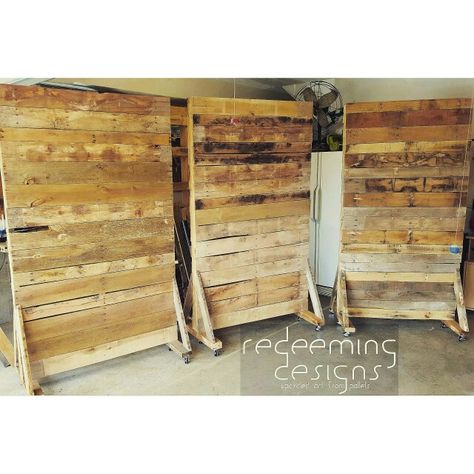 Large rolling pallet walls. #redeemingdesignstn #palletlife #pallets #wood #wall Pallet Backdrop, Pallet Walls, Movable Walls, Wood Pallet Wall, Church Stage Design, Pallet Wall, Phi Mu, Divider Wall, Diy Backdrop