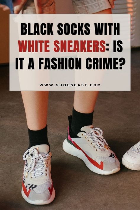 Socks and sandals, gym socks and high heels, black socks and white sneakers… What do these things all have in common? Welp, they’re considered fashion faux pas and they’re back on trend thanks to our favorite influencers, models, and celebs. #shoescast #whitesneakers #blacksocks #outfitideas #fashion #pintereststyle #springoutfit #shoes #sneakers #socks Sneakers And Socks Outfit, Black Socks Outfit, Crew Socks Outfit, Gym Socks, White Shoes Outfit, Socks Gym, Sneakers Socks, High Heels Black, Sock Outfits