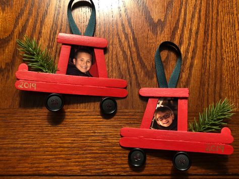 Christmas Truck Ornament Diy, Diy Car And Truck Popsicle Stick Christmas Ornaments, Popsicle Stick Christmas Ornaments With Picture, Truck Ornaments Diy, Craft Stick Truck Ornament, Craft Stick Photo Ornaments, Red Truck Christmas Ornaments Diy, Red Truck Ornament Diy, Christmas Tree Truck Decor