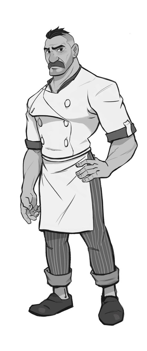 Chef Drawing Reference, Apron Character Design, Cartoon Chef Character Design, Dnd Chef Character, Barista Character Design, Shop Keeper Character Design, Male Chef Character Design, Chef Concept Art, Chef Pose Reference