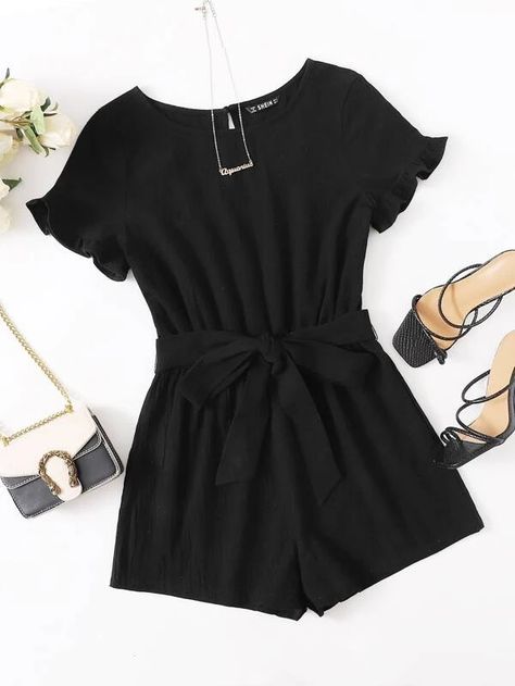 Long Sleeve Dresses Fall, Shein Shorts, Belted Romper, Romper Outfit, Simple Trendy Outfits, Korea Fashion, Fashion Design Clothes, Girls Fashion Clothes, Sleeved Romper