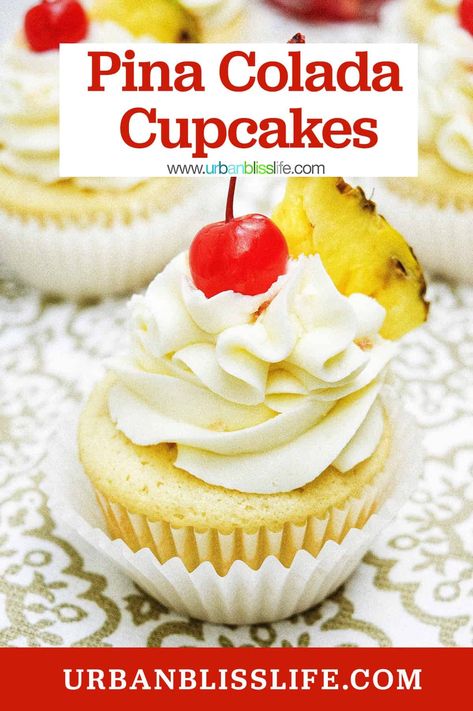 These Piña Colada Cupcakes are fluffy, moist, and full of big tropical flavors! Perfect for your next party. Get the easy recipe at UrbanBlissLife.com. Pina Colada Cupcakes, Coconut Buttercream, Cream Of Coconut, Cooking Tricks, Dessert Board, Delicious Deserts, Buttercream Cupcakes, Amazing Desserts, Fruit Filling