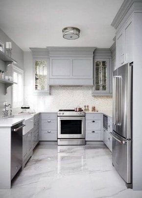 23 White Kitchens Without Wood Floors - Down Leah's Lane Mirrored Kitchen Cabinet, White Kitchen Floor, Flooring For Kitchen, Best Flooring For Kitchen, Farmhouse Gray, Kitchen Floor Tiles Ideas, Серая Кухня, Gray And White Kitchen, Kabinet Dapur