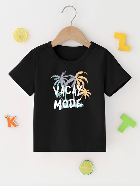 Black Casual  Short Sleeve Polyester Letter,Tropical  Embellished Slight Stretch Summer Toddler Boys Clothing T Shirt Printing Ideas, Baby Boy Graphic Tees, Kids Tshirt Designs, Toddler Tees Boy, Kidswear Fashion, Kids Wear Boys, Toddler Graphic Tee, Tshirt Printing, Kids Tshirt