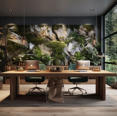 When you set out to furnish an office for a client, and it turns out like this... 😊 #office #client #green #biophilic #midjourney #wood #officedesign #view #nature #teja_mrzek Office Interior Design Nature, Natural Office Design Inspiration, Biophilic Home Office, Office In Nature, Office With Plants Interiors, Green Aesthetic Office, Nature Office Decor, Biophilic Workspace, Green Office Interior