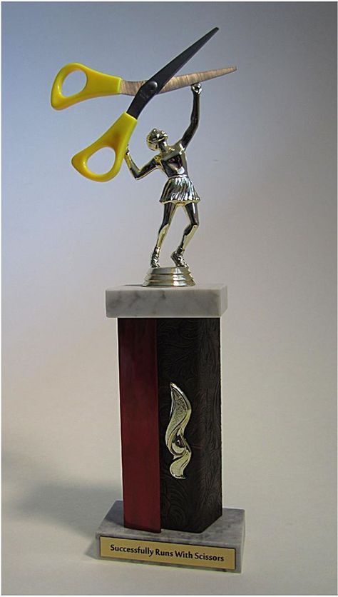 I am RUNNING with SCISSORS Funny Trophies, Trophy Craft, Diy Trophy, Old Trophies, Upcycle Home, Trophy Ideas, Repurpose Diy, Trophy Display, Sports Trophies