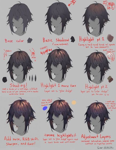 How To Colour Black Hair Digitally, Shade Black Hair Digital, Hair Shadow Drawing, Black Hair Rendering, Shading Black Hair Digital, How To Paint Black Hair, Shading Black Hair, Black Hair Shading, Hair Shading