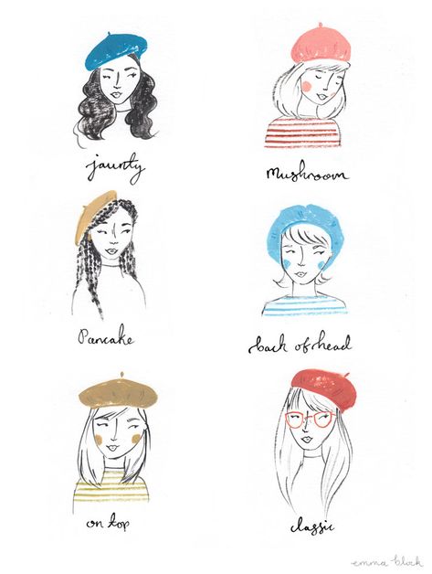 Beret Illustration, Beret Drawing, Baret Outfit, Beret Outfits, Illustration Moodboard, How To Wear A Beret, Emma Block, Beret Outfit, Hat Illustration