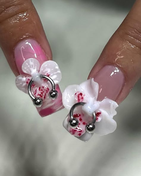 Pierced orchids 🪡 Need to do more piercings on flowers 🩶🩶🩶 #gelxnails #lanailtech #3dflowernails | Instagram Summer Nails Floral, Orchid Nails, Nails Floral, Nail Piercing, 3d Flower Nails, Crazy Nails, Really Cute Nails, Soft Nails, Bling Acrylic Nails