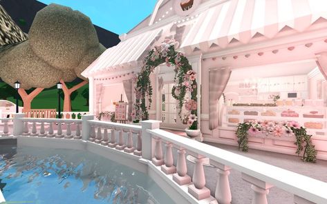 Blush Bakery Bloxburg, Bloxburg Pink Cafe Interior, Cafe And House Bloxburg, Bloxburg Tea Party, Blush Town Bloxburg, Cafe Bloxburg Ideas Inside, Coquette Exterior Bloxburg, Pastel Cafe Bloxburg, Bloxburg House Ideas Exterior Kawaii