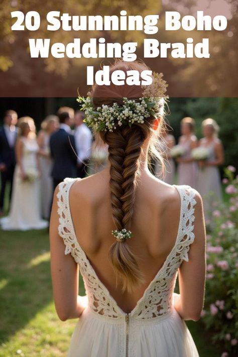 Did you know that a boho wedding braid isn’t just a hairstyle—it's a vibe? Dive into our gallery of stunning braids, dreamy floral crowns, and the ultimate bohemian bridal inspiration. Unlock secrets to achieving that effortlessly chic look, perfect for free-spirited brides. Ready to weave some magic into your day? Click to see how! Bohemian Plaits, Flowy Hairstyles, Boho Wedding Braid, Crown Braid Wedding, Boho Bride Hair, White Bridal Flowers, Wedding Braid, Wedding Braids, Rustic Wedding Table