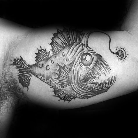 Shaded Inner Arm Bicep Male Tattoo With Angler Fish Design Fish Tattoo Black, Angler Fish Tattoo, Aquatic Tattoo, Underwater Tattoo, Tattoo Homme, Tattoo Black And White, Sea Tattoo, Ocean Tattoos, Theme Tattoo