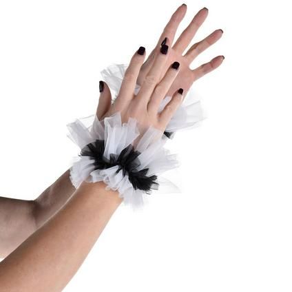 Perfect for a gothic look creepy clown or even a unique twist on the classic French maid costume these black and white twisted tulle wrist cuffs are sure to impress. The elastic band means one size fits most comfortably all night. Adult White Tulle Clown Cuffs product details:  1 pair per package Polyester and nylon One size fits most  Care Instructions:  Hand wash cold Do not bleach or iron Line dry Clowncore Outfit, Circus Halloween Costumes, Dark Angel Costume, Black And White Clown, Clown Costume Women, Clown Collar, Clown Accessories, Pierrot Clown, Black Ruffle Top