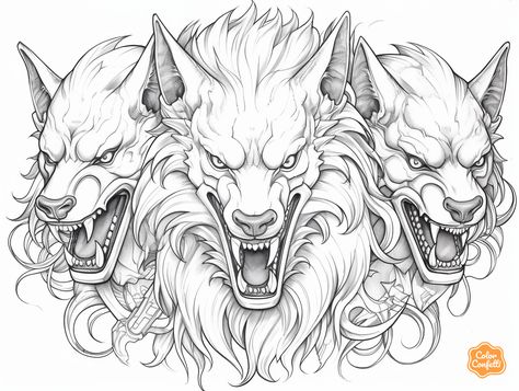 illustration of Mystical Cerberus coloring Cerberus Coloring Page, Cerberus Illustration, Cerberus Drawing, Mythology Coloring Pages, Dog Creature, Mandala Turtle, Creepy Animals, Medieval Tattoo, Coloring Page For Adults