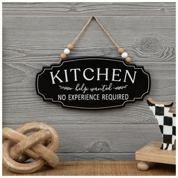 Dimensions: 9" H x 11.63" W x 0.38" D Material: MDF & Jute Shape: Irregular Color: Black, Brown & White Orientation: Horizontal Includes: 1 String Quantity: 1 Let everyone know you need a helping hand with this comical Help Wanted Kitchen Wood Wall Decor! With a black body, this sign has lovely white text that reads "Kitchen Help Wanted No Experience Required." Attached to the jute rope are three beads on either side. Hang this piece in your kitchen when you need a laugh! Hobby Lobby Kitchen Wall Decor, Kitchen Decor Ideas On A Budget, Cute Kitchen Signs, Kitchen Wood Wall, Culinary Classroom, Kitchen Sayings, Nice Messages, Cricut For Beginners, Funny Kitchen Signs