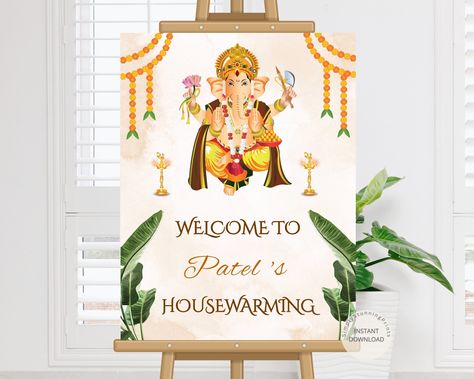 Editable Housewarming Welcome Sign | Indian Griha Pravesham Welcome Sign | Housewarming Ceremony Decoration | DIGITAL DOWNLOAD by SimplyStunningPrints on Etsy Indian Housewarming, Housewarming Sign, Ganesh Puja, Elegant Cards, Ceremony Decorations, Traditional Indian, Print Store, Personalized Prints, Banners Signs