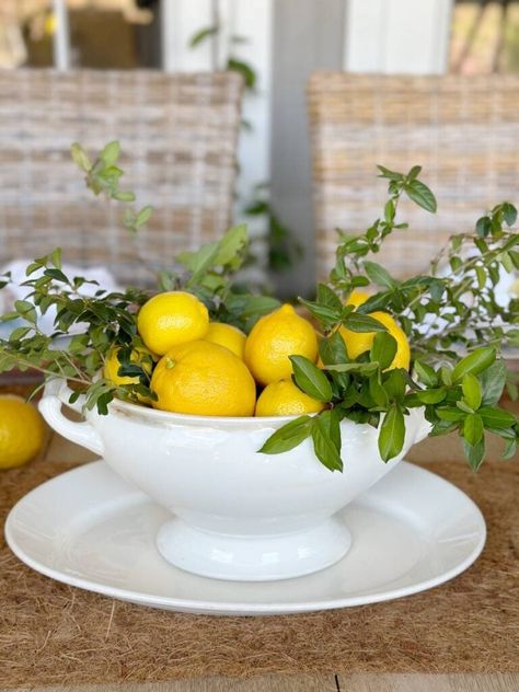 Spring Fling Party, Unusual Centerpieces, Lemon Tablescape, Outdoor Tablescapes, Blue And White Plates, Terra Cotta Plant, Lemon Centerpieces, Easter Yellow, Lemon Theme