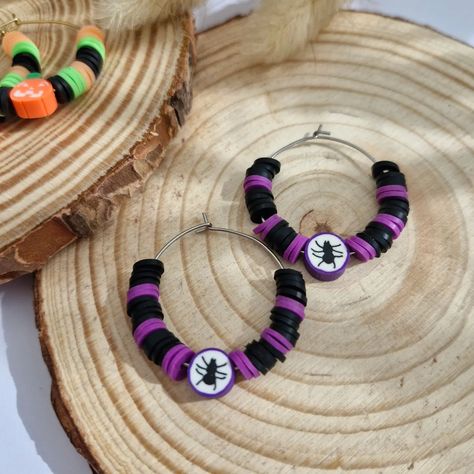 Looking for some funky Halloween earrings? Look no further! Made from Heishi beads and hypoallergenic 30mm hoop earrings. Head to https://jesmochic.etsy.com to get yours! #halloween #halloweenearrings #halloweenjewellery #heishibeads #skulls #pumpkin #trickortreat Halloween Earrings, Heishi Beads, Trick Or Treat, Hoop Earrings, Beads, Halloween, Quick Saves