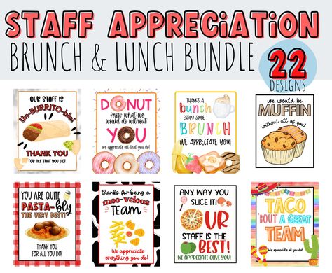 Lunch & Bruch Staff Appreciation Sign Bundle of 22. - Etsy Teacher Appreciation Baked Potato Bar, Teacher Appreciation Food Ideas For Staff, Teacher Puns Staff Appreciation, Nursing Home Week Ideas For Staff, Work Appreciation Ideas, Bagel Donut, Brunch Signs, Employee Appreciation Week, Employee Appreciation Ideas