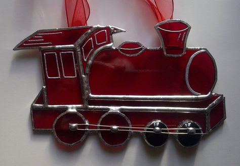 Red train sun catcher by Diomo Glass. Idea for a decoration for Little Free Library -- Reading Railroad. Stained Glass Train Patterns, Stained Glass Train, Stained Glass Mosaic Art, Train Ornament, Making Stained Glass, Stained Glass Window Panel, Stained Glass Ornaments, Stained Glass Decor, Glass Mosaic Art