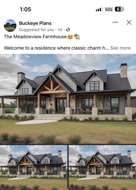 Barndimonium Exterior Colors, Darker House Exterior, Black White And Stone Exterior, Barndominium Gray Exterior, Mixed Material Home Exterior, Black Barndominium Exterior With Stone, Lake Home Exterior Ideas, Modern Farmhouse Dark Exterior, Dark Barndominium Ideas