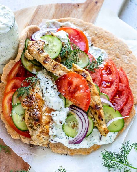 overhead shot of Grilled Chicken Gyro Sandwich Gyro Sandwich, Chicken Gyro, Steak Tacos, God Mat, Health Dinner Recipes, Chapati, Mediterranean Diet Recipes, Greek Recipes, Healthy Meal Prep