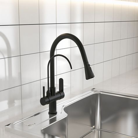 Clean dishes with optimum efficiency with this modern pulldown kitchen faucet. The 3-mode sprayer (stream, spray, pause) provides an uncommon level of flexibility as you blast the dirt off dishes, clean large pots and more. Come with the goose necked design, it will give you room for filling tall stockpots, and the 360-degree swirling spout with a waterline lets you access your whole kitchen sink. Moreover, with the water filter filler, healthy and filtered drinking water has never been easier. Made of the finest solid brass for long-lasting performance, this kitchen faucet enjoys a streamlined silhouette to support rinse and cleaning for years to come. - Please note that this product does not come with a filter system.- Constructed from solid brass for durability and reliability.- Finishe Stainless Steel Kitchen Sink With Black Faucet, Black Sink Faucet Kitchen, Black Sink Faucet, Kitchen Basin, Best Water Filter, Healthy Hydration, Black Faucet, Pull Out Faucet, Swan Neck