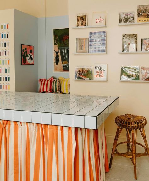 Stripes everywhere! 😍😍😍 @coloursofarley store The 3 metre long tiled island was built especially for the space by Marcus & Morly of… | Instagram Colours Of Arley, Choice Paralysis, Tiled Island, Upholstered Bedhead, David Hicks, Kitchen Ideals, Wellness Club, Photography Books, Inspiring Spaces