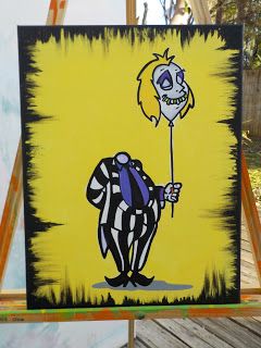 2 Part Canvas Painting, Horror Movie Paintings Canvas Easy, Beetlejuice Painting Canvas, Beetlejuice Painting, Horror Paintings Easy, Cartoon Painting Ideas On Canvas, Horror Paintings, Beetlejuice Art, Comic Christmas