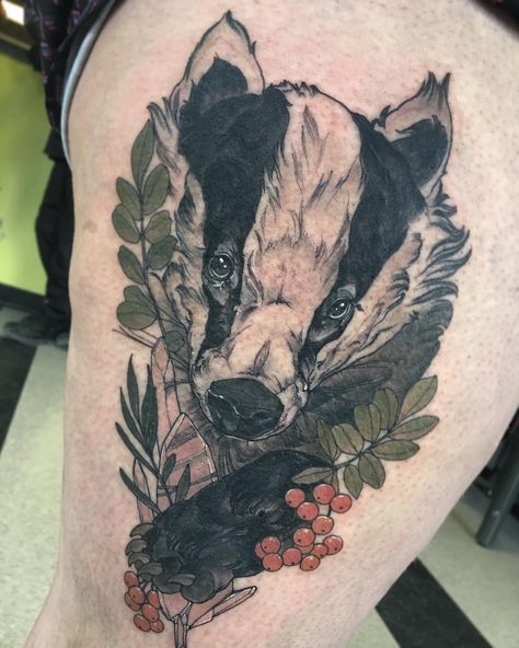 Photo by (richolas) on Instagram | #tattoo #tattooing #tattooer #tattoos #art #artist #neotraditionaltattoo #neotraditional #neotrad #neotradsub #kingstonontario #kingston #kingstontattoos #ontariotattoos #botanical #botanicals #badger #animal #animaltattoo #colour #nature Wolverine Tattoo Animal, Fox Tattoo Color, Honey Badger Tattoo, Badger Animal, Traditional Tattoo Animals, Badger Tattoo, Wolverine Tattoo, Sleeve Inspiration, Holy Spirit Tattoo