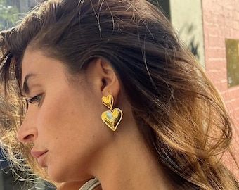 Heart Shape Earrings, Gold Heart Earrings, Summer Jewellery, Earrings Summer, Heart Shaped Earrings, Heart Drop Earrings, Stylish Earring, Birthday Jewelry Gift, Double Heart