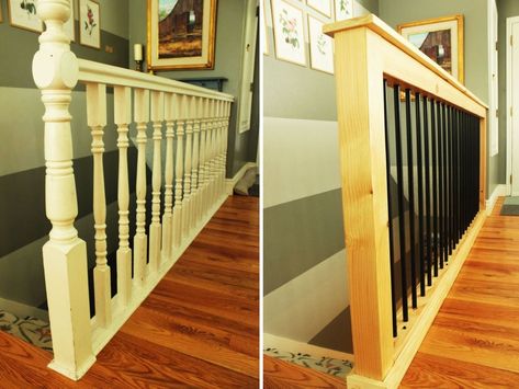 Old stair railing to an industrial design - Home Decorating Trends - Homedit Updating Railings Stairways, Couch In Front Of Stairs, Inside Railing Ideas Banisters, Updated Bannister Ideas, Wall Banister Ideas, Interior Railing Design, How To Update Stair Railing, Upstairs Railing Ideas, Indoor Banister Ideas