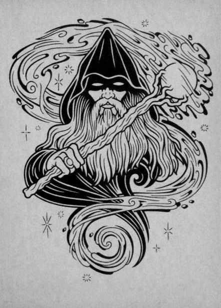 Merlin Tattoo, Wizard Graffiti, Wizard Drawings, Wizard Halloween, Wizard Tattoo, Abstract Tattoo Ideas, American Traditional Tattoo Ideas, Vintage Tattoo Design, Traditional Tattoo Ideas