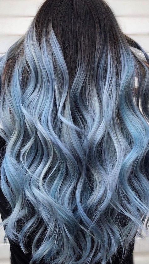 Blonde And Denim Blue Hair, Ice Blue Balayage, Gray Hair Blue Highlights, Light Blue Balayage Hair, Ice Blue Hair Ombre, Icy Blue Hair Ombre, Pastel Blue Money Piece Hair, Blue Bolyoge Hair, Icy Blue Highlights Brown Hair