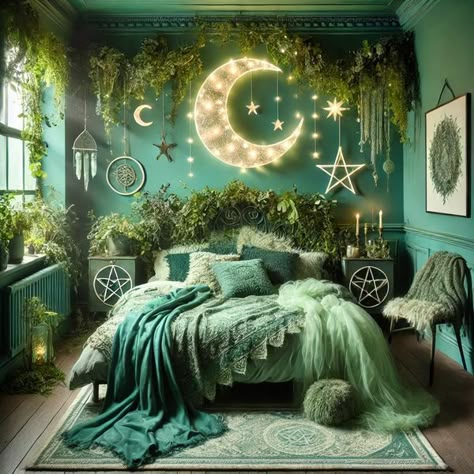 Green Moon Aesthetic, Green Theme Room, Green Color Bedroom, Green Witch Bedroom, Enchanted Forest Bedroom Ideas, Celestial Room Aesthetic, Forest Room Aesthetic, Forest Bedroom Ideas, Fairy Garden Bedroom