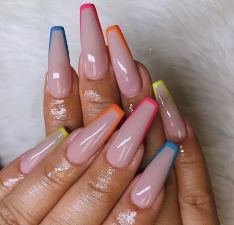 Rainbow French Tip Nails, Border Nails, Neon Acrylic Nails, Multicolored Nails, Tapered Square Nails, Hello Nails, Long Acrylic Nail Designs, Long Nail Designs, Ombre Acrylic Nails