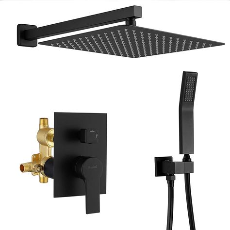 SHAMANDA Brass Rainfall Shower System, Luxuly Bathroom Shower Faucet Combo Set Matte Black (Including Rough-In Valve Body and Trim), L7001-7 Dual Shower Heads, Shower Head, Shower Heads, Matte Black, Wall Mount, Trim, Shower, Wall, Black