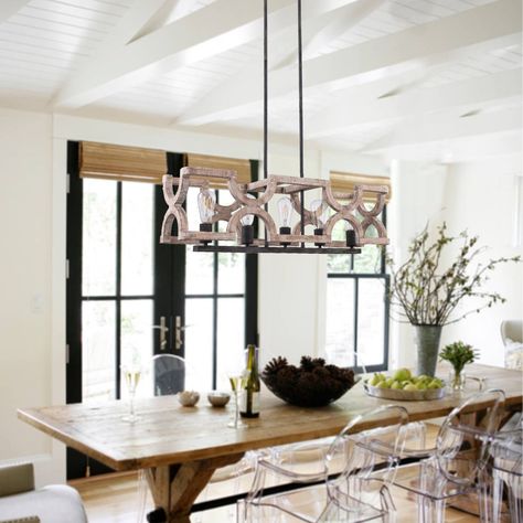 Rustic Wood Chandeliers: The modern farmhouse 5-light linear chandelier is made of premium antique wood and silver brushed black metal, durable and exquiste. The rustic  linear design style makes the 100% handmade wood dining table light fixtures nothing ordinary, vintage but tasteful. The kitchen island lighting is ve Handmade Wood Dining Table, Dining Table Light Fixtures, Kitchen Island Chandeliers, Dining Table Light Fixture, Modern Farmhouse Kitchen Island, Wood Chandelier Rustic, Wood Chandeliers, Vintage Ceiling Light, Dining Table Light