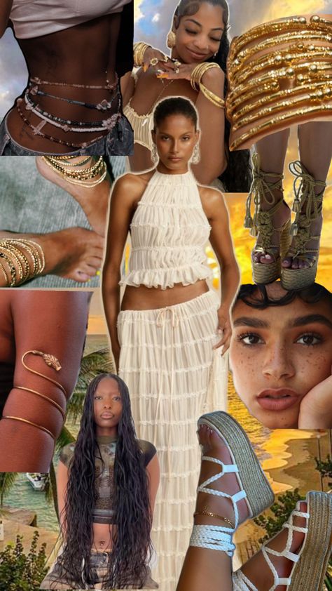 Bohemian white skirt co-ord set, bohemian braids, gold jewelry, platform sandals, natural make up look. Earthy Aesthetic Fashion, Goddess Look, Caribbean Outfits, Boho Fits, Goddess Outfit, Caribbean Style, Boho Picnic, Bohemian Aesthetic, Fresh Outfits