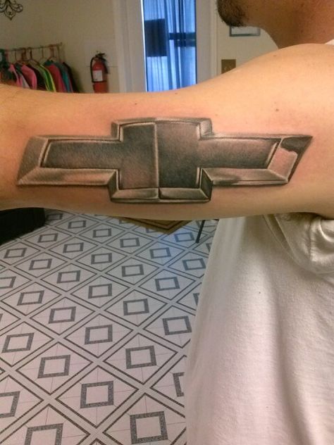 Chevy tattoo! Complete with a chrome look! Chevy Logo Tattoo, Chevy Symbol Tattoo, Chevy Bowtie Tattoo, Chevy Tattoo, Southern Tattoos, Male Tattoos, Chevy Bowtie, Graffiti Lettering Fonts, Chevy Nova