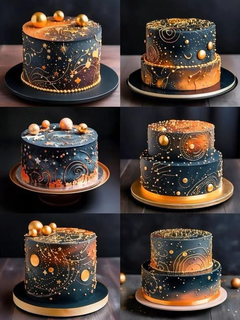 Moon Phases Cake, Purple Cake For Men, Astronomy Cake Ideas, Space Wedding Cake, Dark Cake Aesthetic, Whimsigoth Cake, Universe Cake Ideas, Galaxy Cake Ideas, Celestial Birthday Cake