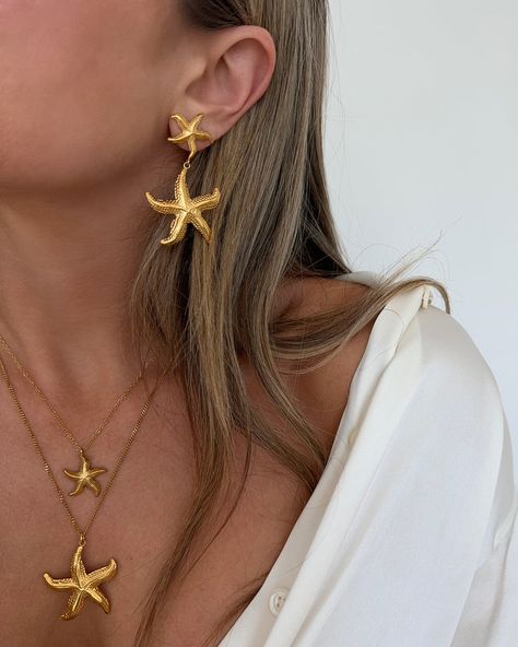 Starfish Earrings | Large – JacqMaria Jewelry Gold Starfish Necklace, Jewelry Mood Board, Starfish Jewelry, Coastal Jewelry, Side Work, Summer Jewellery, Starfish Earrings, Starfish Necklace, Classy Jewelry