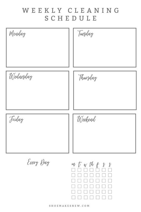 Blank free printable weekly cleaning schedule template with spaces to fill out a house cleaning checklist for chores. Document with days of week — Monday, Tuesday, Wednesday, Thursday, Friday and Weekend. Cleaning Schedule Blank, Mom Planner Printables Free, Schedule Printable Free, Weekly Cleaning Schedule Printable, Get Your House In Order, Cleaning Checklist Printable Free, Free Printable Cleaning Schedule, Daily Cleaning Schedule, Free Printable Cleaning