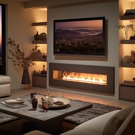 20 Electric Fireplace Ideas with TV Above - HearthandPetals Built In Electric Fireplace, Feature Wall Living Room, Fireplace Tv Wall, Living Room Decor Fireplace, Living Room Design Inspiration, Interior Decorator, Tv Wall Design, Fireplace Ideas, Home Fireplace