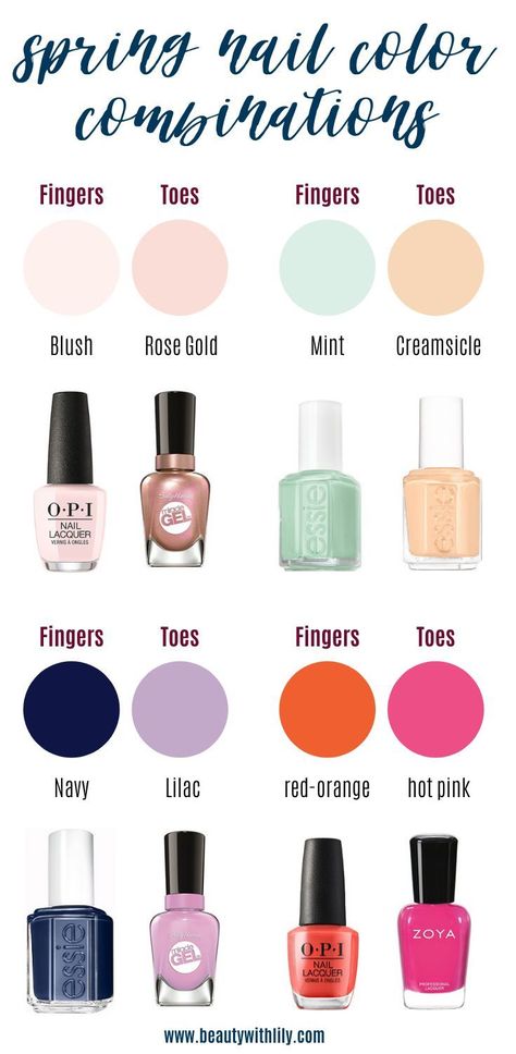 Matching your toes and fingers is SO last year! You will want your next mani and pedi to be in these pretty Spring nail color combinations. Mani Pedi Color Combos, Manicures Ideas, Fall Manicures, Spring Nail Color, Winter Manicures, Summer Manicures, Nail Color Combinations, Pretty Nails For Summer, Spring Manicure