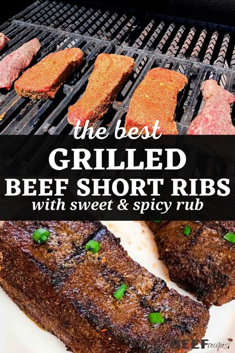 Try cooking Beef Short Ribs on the Grill and you will want to prepare them this way every time. Grilling beef short ribs is quick and easy - it takes less than 20 minutes! Paired with a sweet and spicy short rib rub, this simple recipe is irresistibly flavorful and tender. Short Ribs Recipe Grilled, Short Ribs On The Grill, Best Short Rib Recipe, Pork Short Ribs, Grilled Beef Short Ribs, Ribs On The Grill, Easy Steak Dinner, Boneless Beef Ribs, Beef Short Ribs Recipe