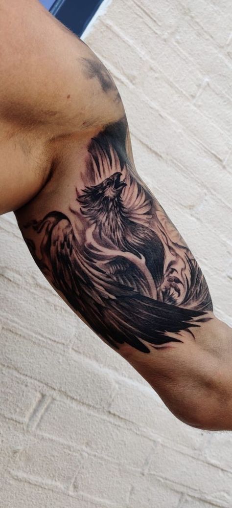 Phoenix tattoo bicep Phoenix Tattoo Men Bicep, Phoenix Tattoo Bicep, Phoenix Bicep Tattoo, Dragon Bicep Tattoo Men, Dragon Inner Bicep Tattoo, Dragon Bicep Tattoo, Biceps Tattoo Men, Mens Bicep Tattoo Ideas, Inner Bicep Tattoo Men Ideas Design